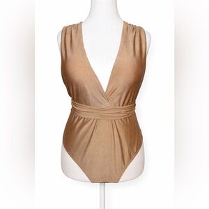 NWT Fashion Nova 1X Gold Wrap Tie One Piece Swimsuit Plunge Removable Cups